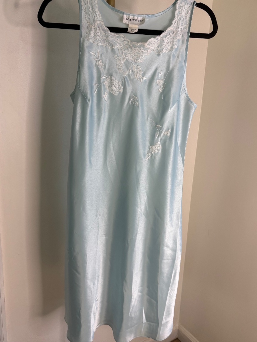 Natori Light Blue Satin Lace Embroidered Nightgown Dress | Medium - Picture 2 of 8